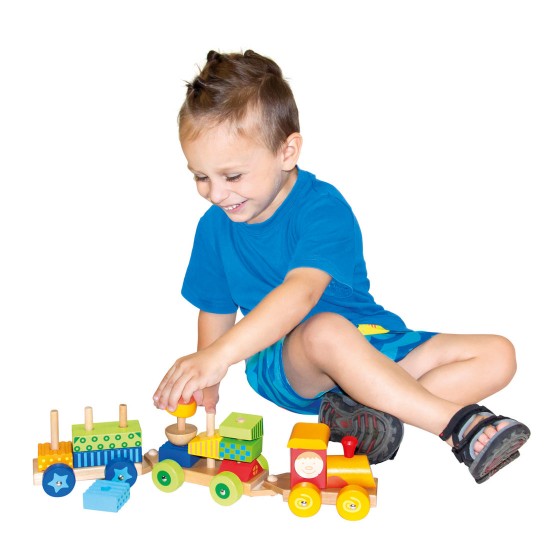 Koka attīstoša rotaļlieta vilciens ar klučiem Bino Train Set with Houses Rami Dami 82142