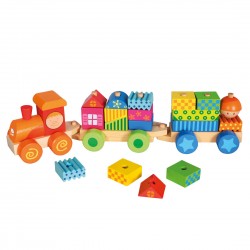 Koka attīstoša rotaļlieta vilciens ar klučiem Bino Train Set with Houses Rami Dami 82142