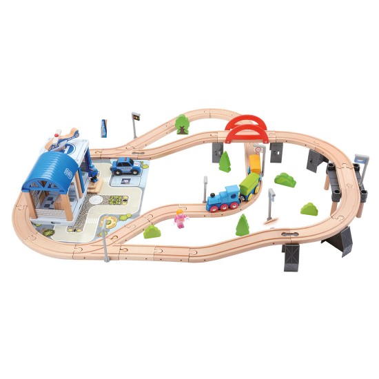 Koka attīstoša rotaļlieta vilciena trase Bino Wooden Railway Set with Bridge 90 pcs 82262