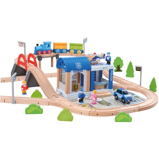 Koka attīstoša rotaļlieta vilciena trase Bino Wooden Railway Set with Bridge 90 pcs 82262