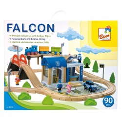 Koka attīstoša rotaļlieta vilciena trase Bino Wooden Railway Set with Bridge 90 pcs 82262