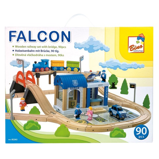 Koka attīstoša rotaļlieta vilciena trase Bino Wooden Railway Set with Bridge 90 pcs 82262