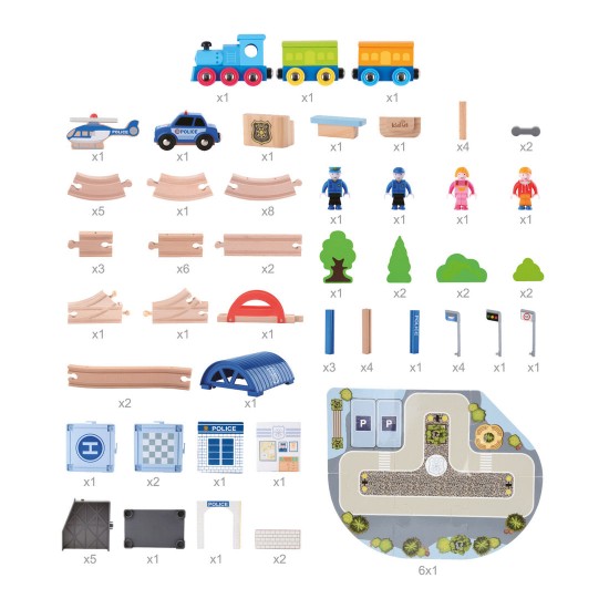 Koka attīstoša rotaļlieta vilciena trase Bino Wooden Railway Set with Bridge 90 pcs 82262