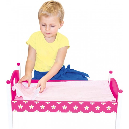 Koka rotaļlieta gulta lellei ar gultas veļu Bino Doll Bed including Bedding 83700