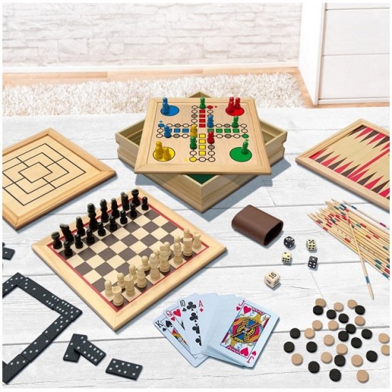 Galda spēļu koka komplekts Wooden game box 9 games 8117ES