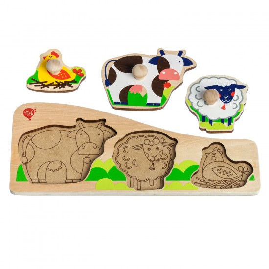 Koka attīstoša spēle - slāņu puzle "Dzīvnieciņi fermā" Lucy&Leo Farm Animals Peg Puzzle LL189